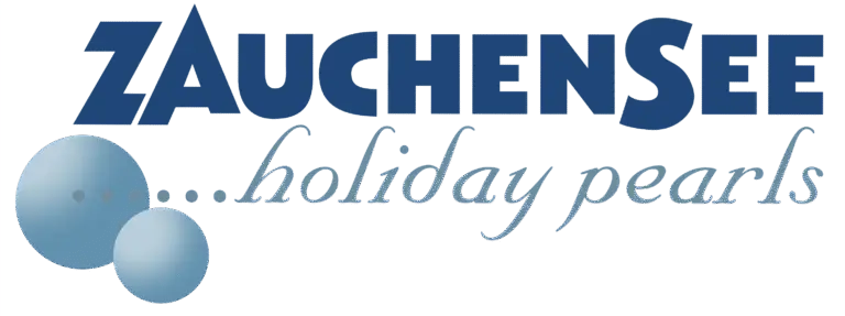 Zauchenseehof on a blue background with large rounded bubble shapes and cursive text for polka-dotted holiday pearls. Familienhotel Zauchenseehof Salzburger Land