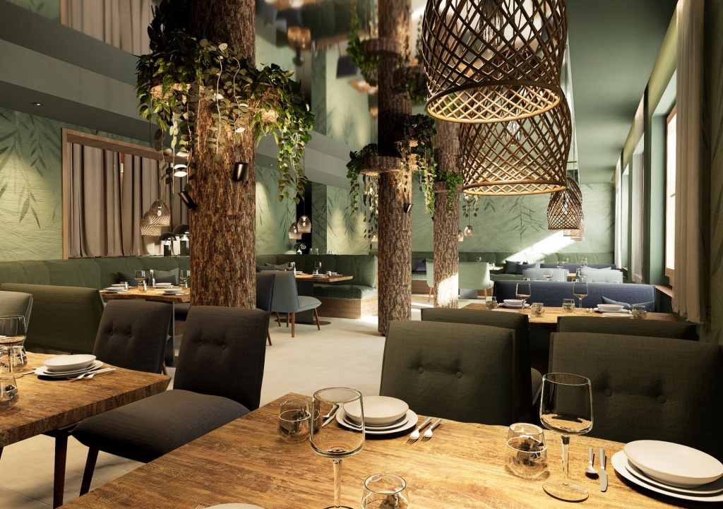 Innenansicht eines Restaurants im Familienhotel Zauchenseehof mit Holzdekor und Pflanzen. Familienhotel Zauchenseehof