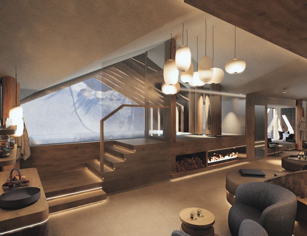 Innenansicht eines Restaurants im Familienhotel Zauchenseehof mit Holzdekor und Pflanzen. Familienhotel Zauchenseehof