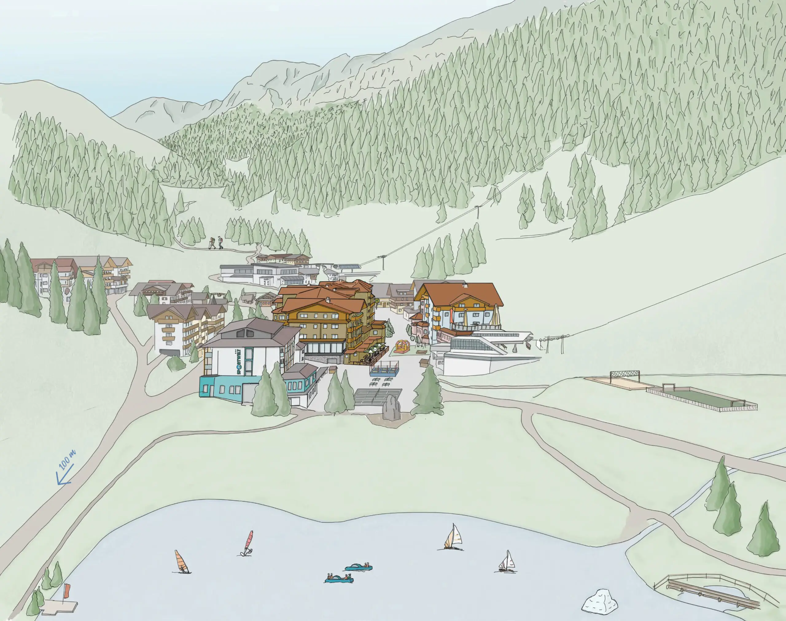 Gezeichneter Übersichtsplan des Ortes Zauchensee im Sommer mit dem Hotel Zauchenseehof in der Mitte. Mit Pfeilmarkierung.